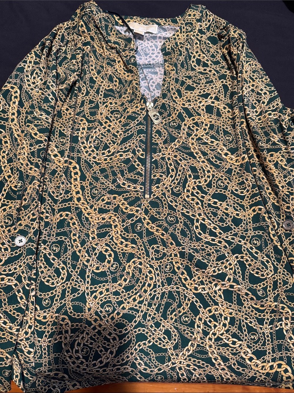 Michael Kors Green Pullover Blouse with Gold Chain Print
